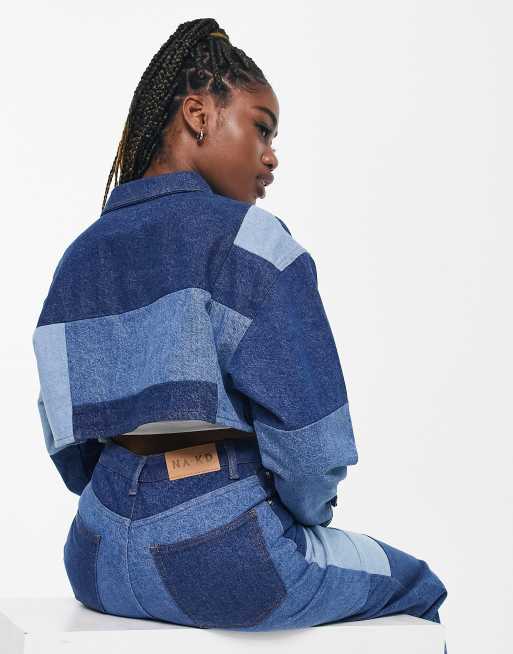 NA KD Veste en jean courte a motif patchwork Bleu