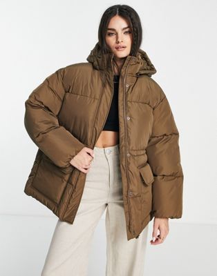 NA-KD oversize padded jacket with hood in brown - ASOS Price Checker