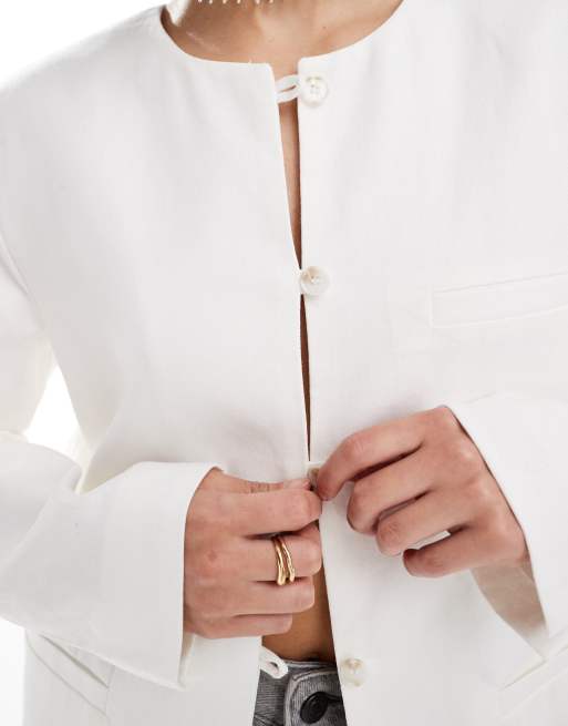 NA-KD Veste sans col en lin Blanc ASOS