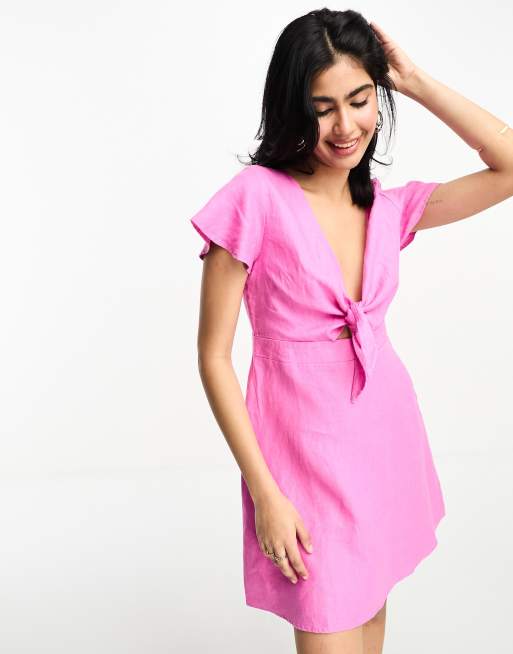 NA-KD - Vestito corto in lino rosa allacciato sul davanti