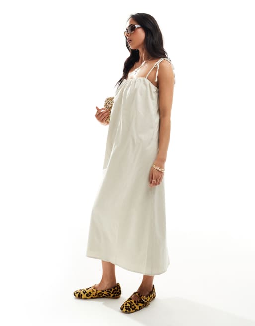 NA-KD - Vestito midi senza spalline in misto lino beige