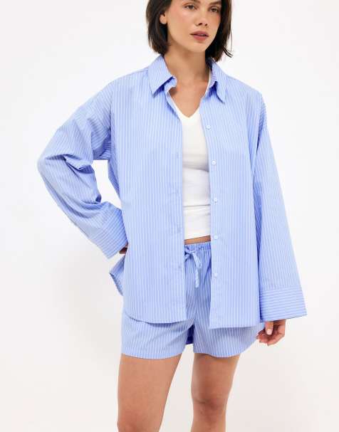 NA-KD Victoria quitzau - oversized cotton shirt in blue white stripes - view 1