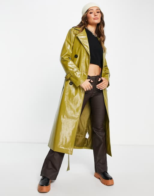 Green vinyl outlet trench coat