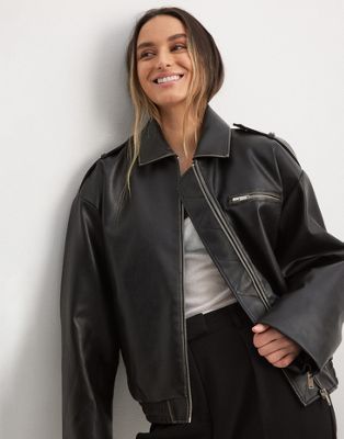 washed faux leather bomber jacket in black