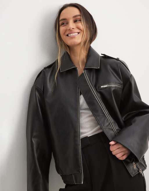 NA KD washed faux leather bomber jacket in black