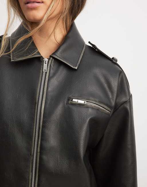 NA-KD washed faux leather bomber jacket in black, 3 of 4