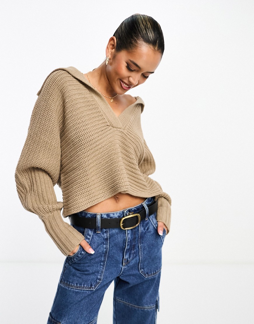 NA-KD wide collar jumper in taupe-Neutral