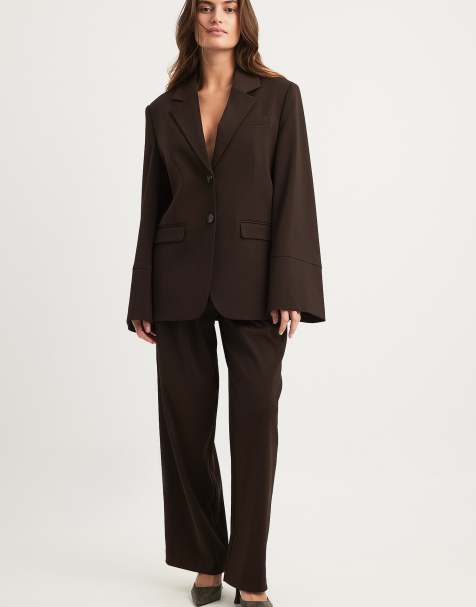 NA-KD Wide high waist suit trouser in brown - view 1
