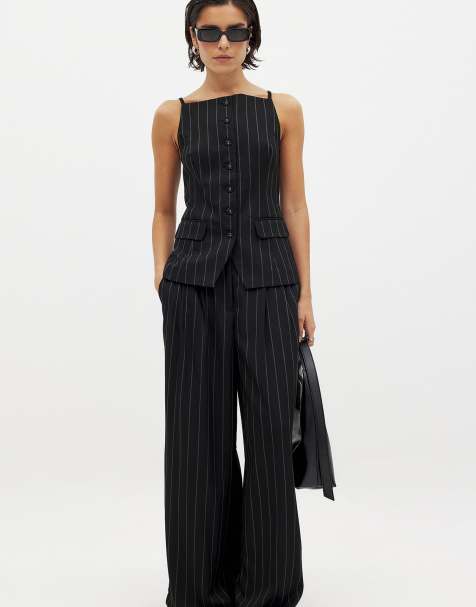 NA-KD Wide leg high waist loose trouser in black/white stripe - view 1