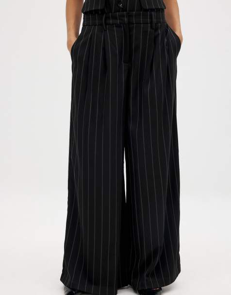 NA-KD Wide leg high waist loose trouser in black/white stripe