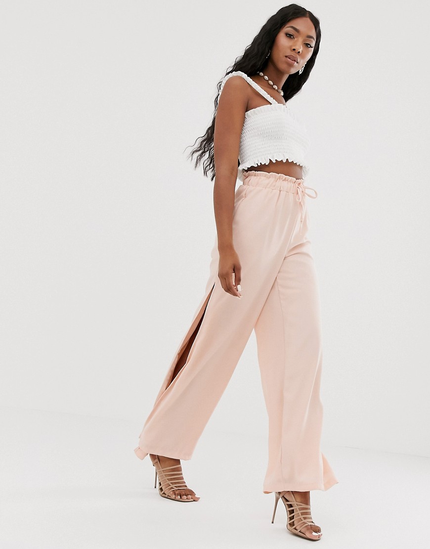Na-kd wide leg trousers with side slit in pastel pink