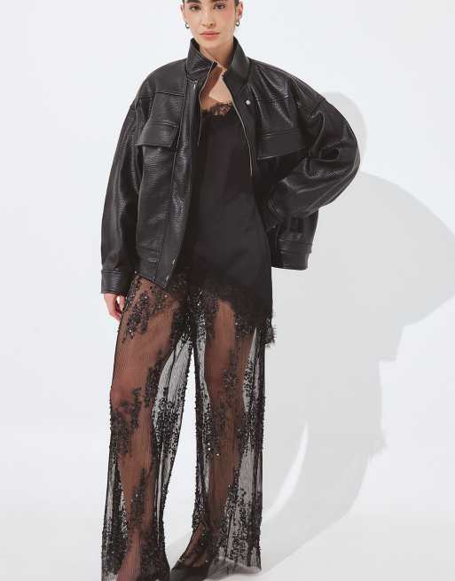NA-KD Wide pleated sequins trousers in black, 3 of 5