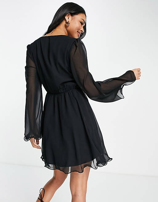 NA-KD wide sleeve chiffon mini dress in black