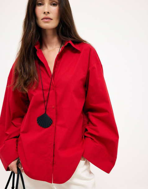 NA-KD Wide sleeve cotton shirt in red - view 1