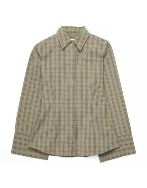 NA-KD Wide sleeve fitted shirt in green check, 4 of 5