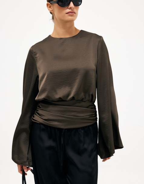 NA-KD Wide sleeve ruched waist blouse in dark olive - view 1