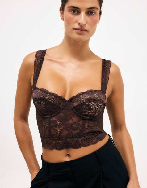 NA-KD Wide strap lace cup corset in dark brown - view 1
