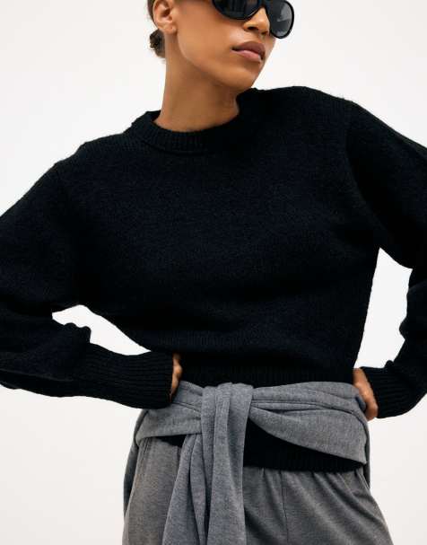 NA-KD Wool blend balloon sleeve knitted sweater in black - view 1