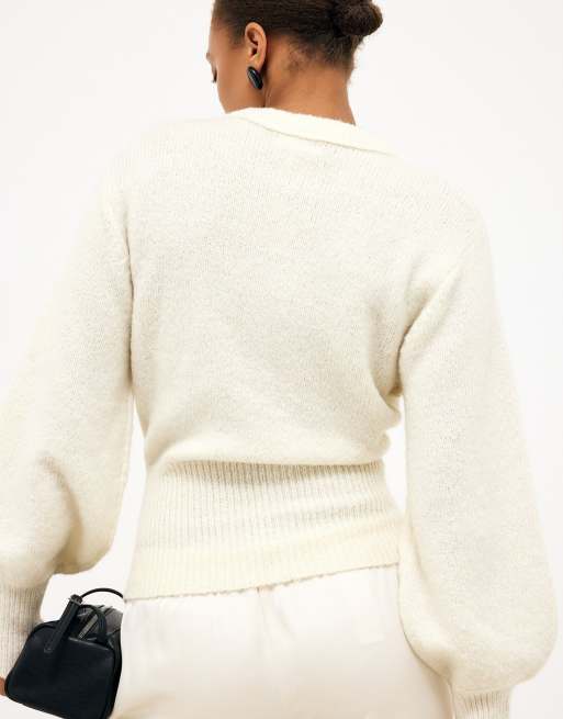 NA-KD Wool blend balloon sleeve knitted sweater in offwhite, 2 of 5