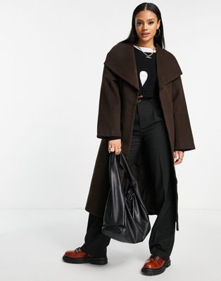 NA-KD wool blend belted coat in brown