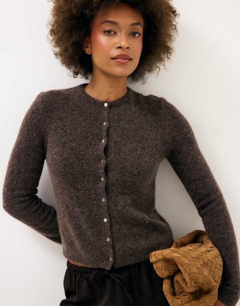 NA-KD Wool blend button round neck knitted cardigan in brown - view 1