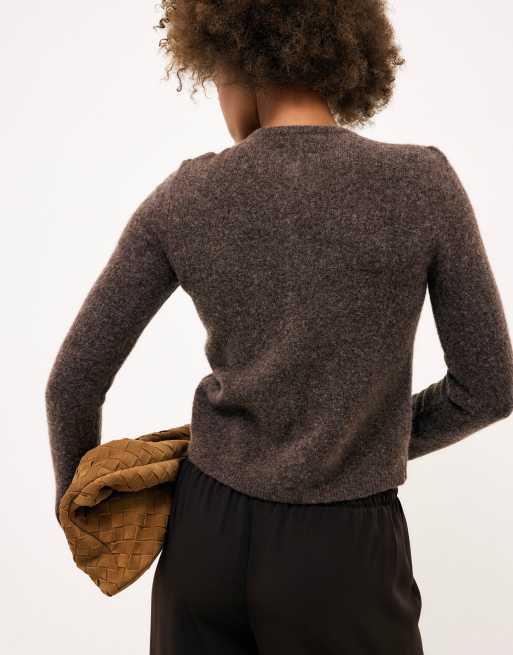 NA-KD Wool blend button round neck knitted cardigan in brown, 2 of 5