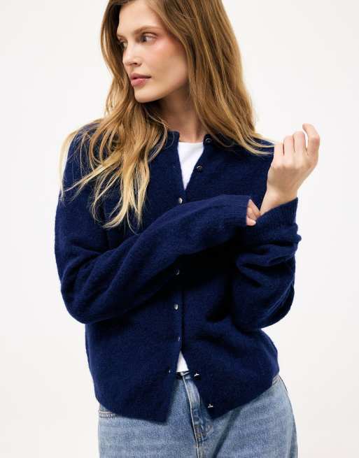 NA-KD Wool blend button round neck knitted cardigan in navy, 2 of 5