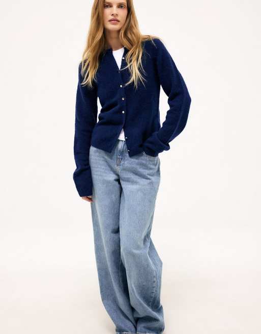 NA-KD Wool blend button round neck knitted cardigan in navy, 4 of 5