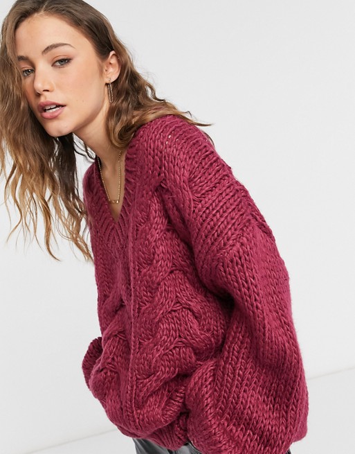 NA-KD wool blend cable knitted jumper in burgundy