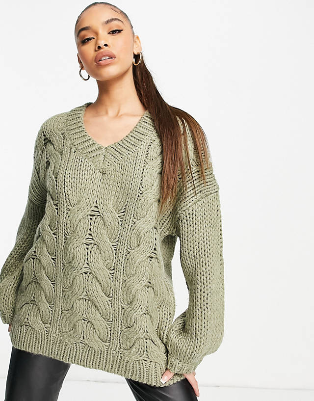 NA-KD - wool blend cable knitted jumper in dusty green