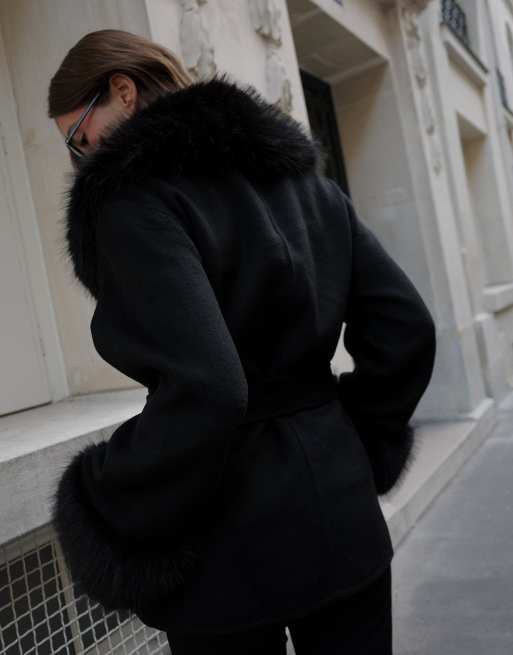 NA-KD Wool blend faux fur detail short coat in black, 2 of 5