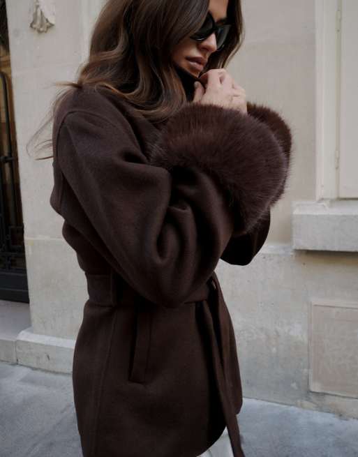 NA-KD Wool blend faux fur detail short coat in brown, 4 of 5