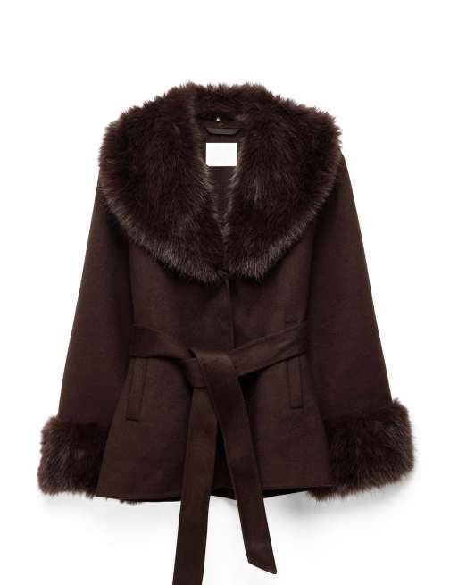 NA-KD Wool blend faux fur detail short coat in brown, 5 of 5