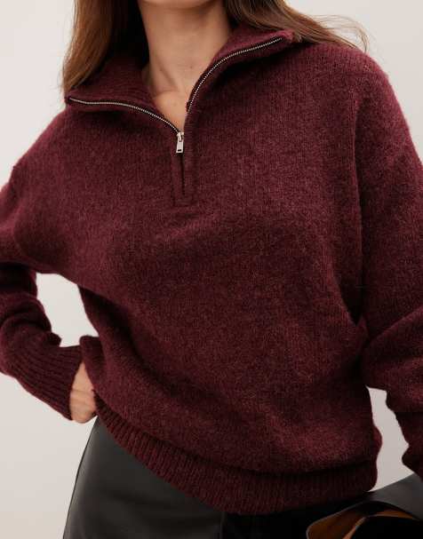 NA-KD Wool blend zipper sweater in wine red - view 1