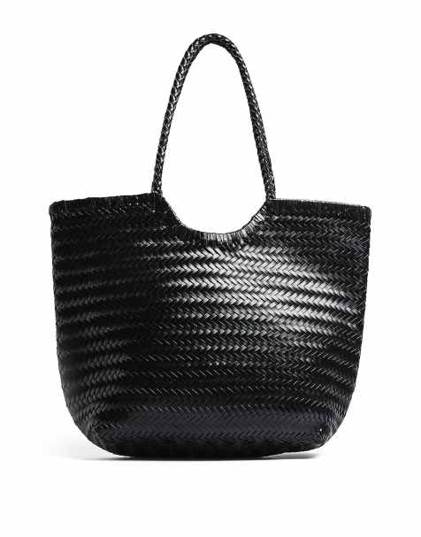 NA-KD Woven leather tote bag in black - view 1