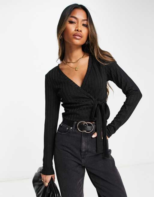 NA-KD wrap tie top in black