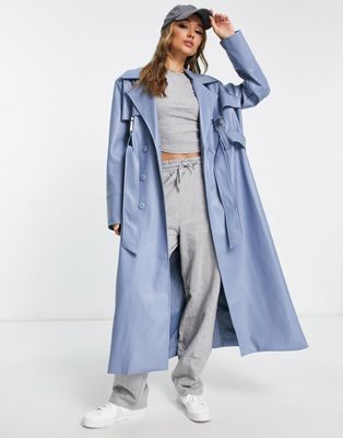 NA-KD x Angelica Blick faux leather trench coat in blue