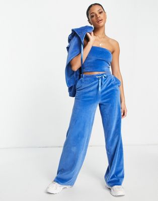 NA-KD X Anna Briand 3 piece co-ord velour wide leg trousers in blue