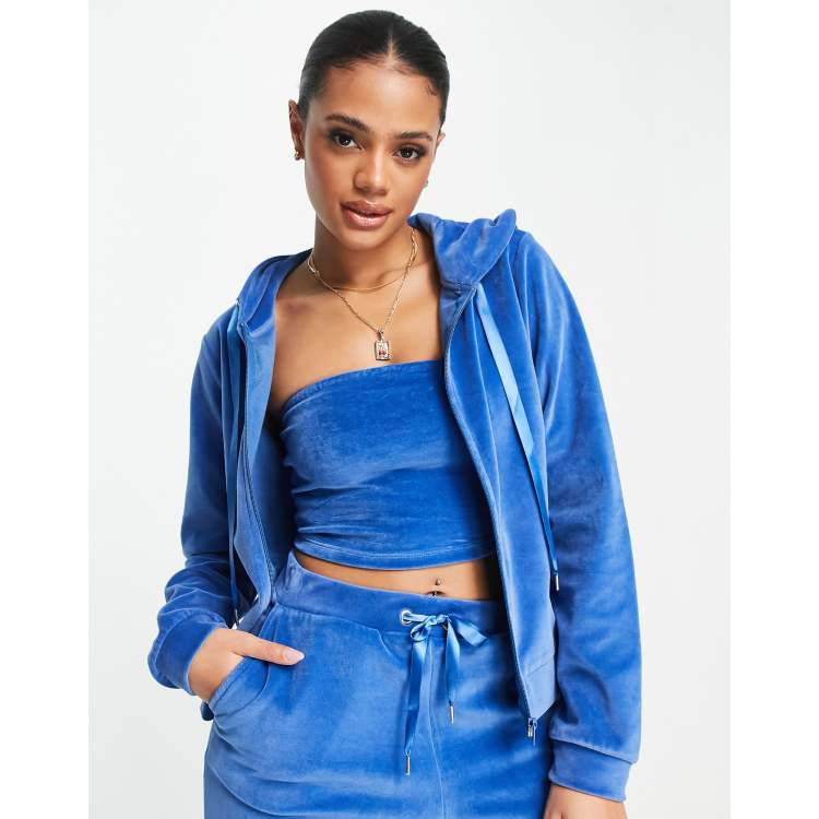 NA-KD X Anna Briand 3 piece co-ord velour zip front hoodie in blue