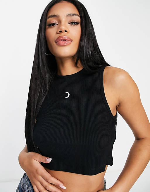 Women NA-KD X Anna Briand moon embroidered crop top in black 