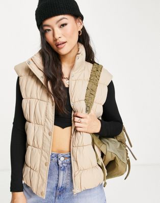 NA-KD X Anna Briand ruched detail padded gilet in beige