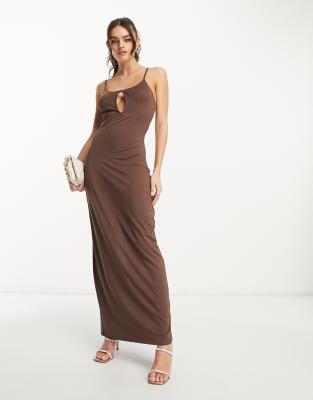 NA-KD NA-KD x Annijor maxi dress with cut out detail in brown