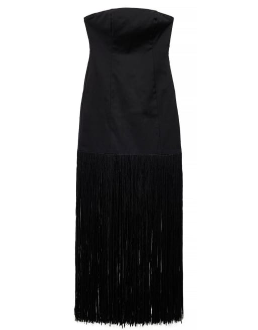 NA-KD x Audrey Afonso Fitted fringe detail dress in black, 5 of 5