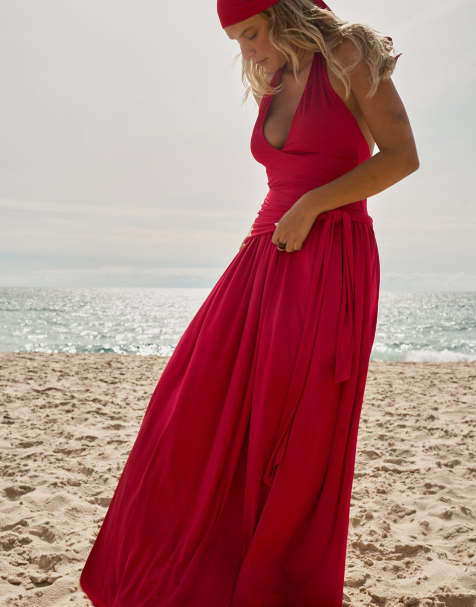NA-KD x Audrey Afonso Jersey-Maxikleid mit Rückenausschnitt in Rot - view 1