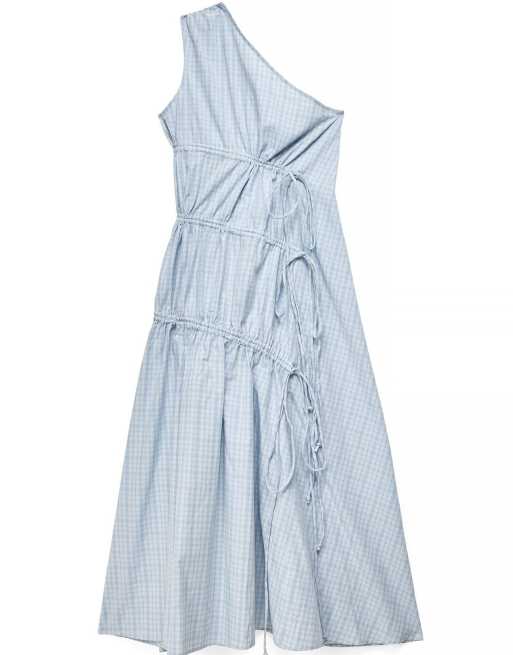 NA-KD x Charlotte Olivia robe longue en coton asymétrique à carreaux bleus, 5 de 5