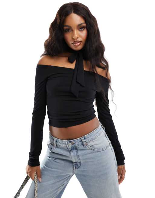 NA-KD x Chloe Monchamp - Top a maniche lunghe nero con dettaglio sul collo
