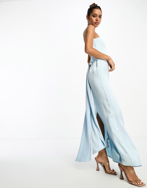 NA-KD x Chloe Schuterman low back tie detail satin maxi dress in powder  blue