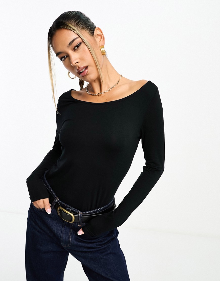 NA-KD x Claire Rose boat neck long sleeve top in black