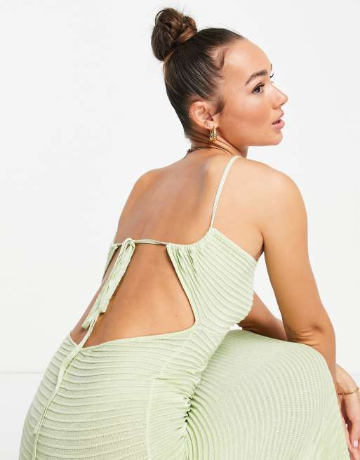 NA-KD X Dani Pavlica tie back ribbed midi dress in dusty green | ASOS