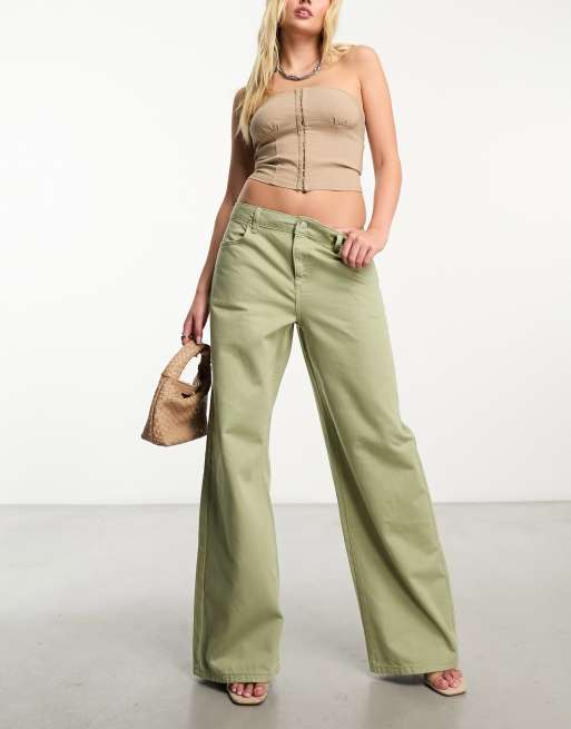 NA-KD x Durnels - Jeans oversize a vita bassa color kaki